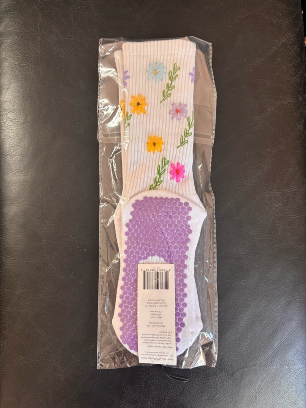 Lucky Honey Crew White Floral Grip Socks with Purple Non-Slip Details